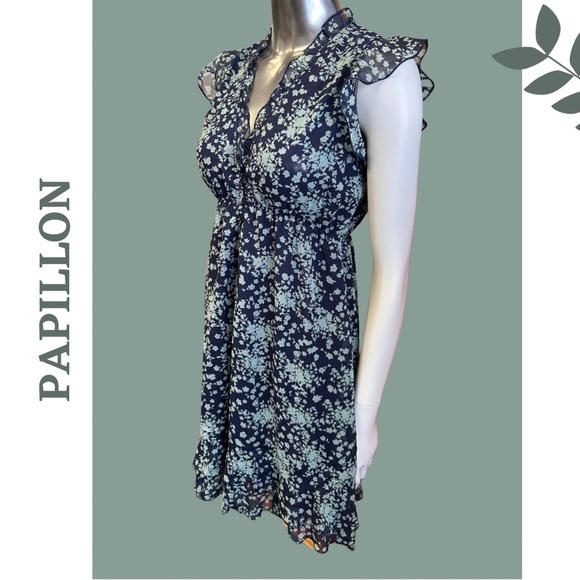 Papillon Floral Print Cap Sleeve V-Neck Dress Ruffle Trim Lined Size Medium - Picture 3 of 9